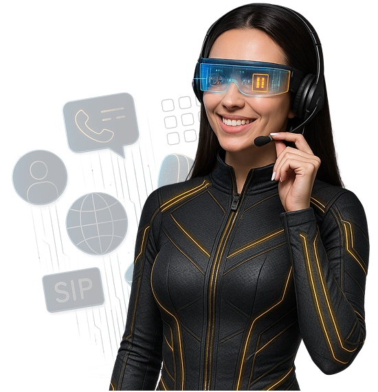 Mulher sorridente com headset e óculos futuristas, representando atendimento via PABX em nuvem e SIP Trunk com inteligência artificial